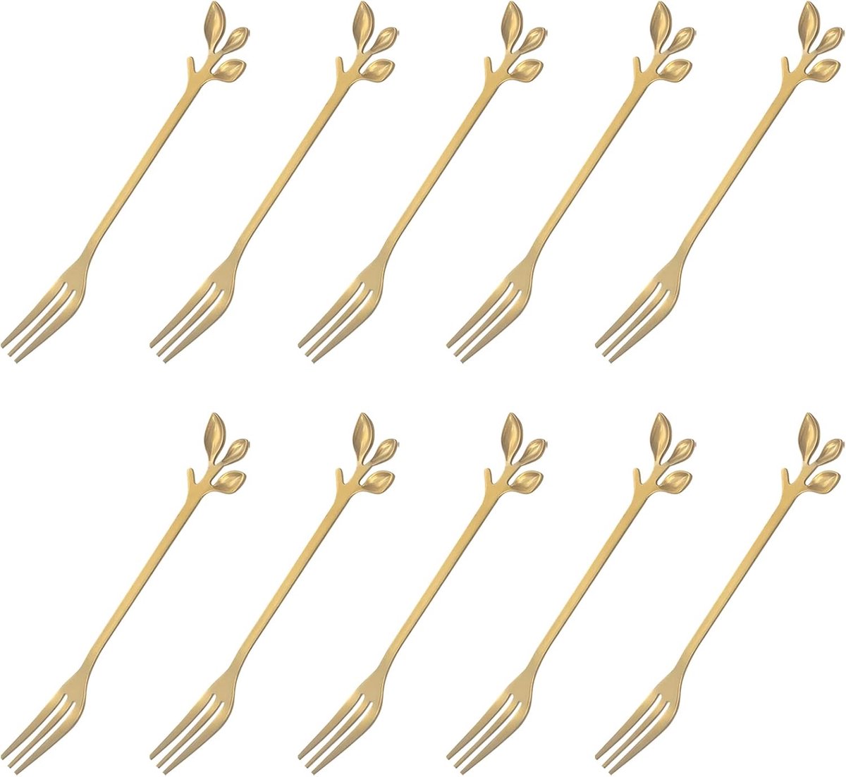 Roestvrijstalen Dessertvorken Set van 10 - Goudkleurig Bladvormig Design - 12,5 cm - Duurzaam en Corrosiebestendig - Ideaal voor Voorgerechten, Gebak en Fruit