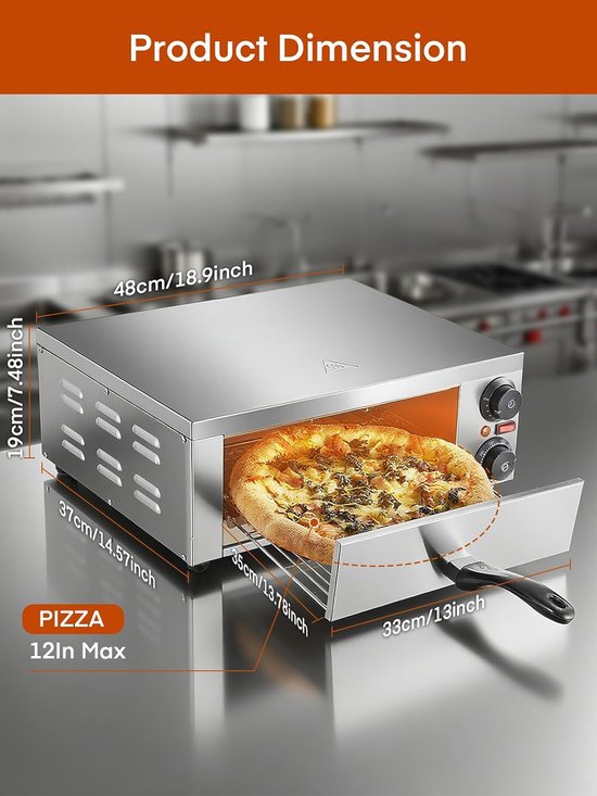 Professionele Pizzaoven 2000W - Elektrische Horeca Pizzaoven - 12 Inch - Tot 350°C - RVS - 15 Minuten Timer - Voor Pizza, Brood en Gebak — afbeelding 4