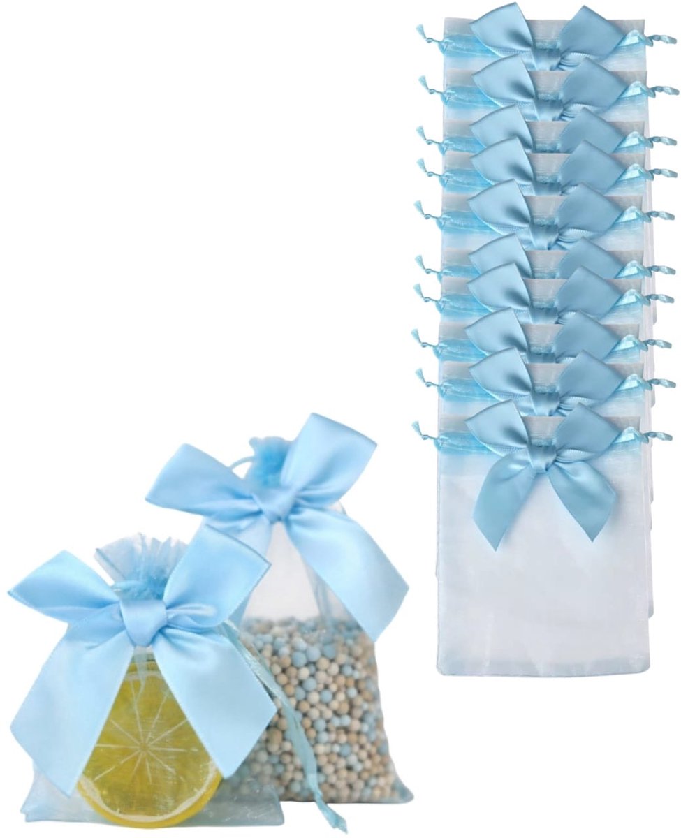 Luxe organza zakjes met strik- Blauw feestzakjes - snoepzakjes - cadeau zakjes - geboorte - sieradenzakjes - trekkoord met strikje-10 stuks- 10x15cm