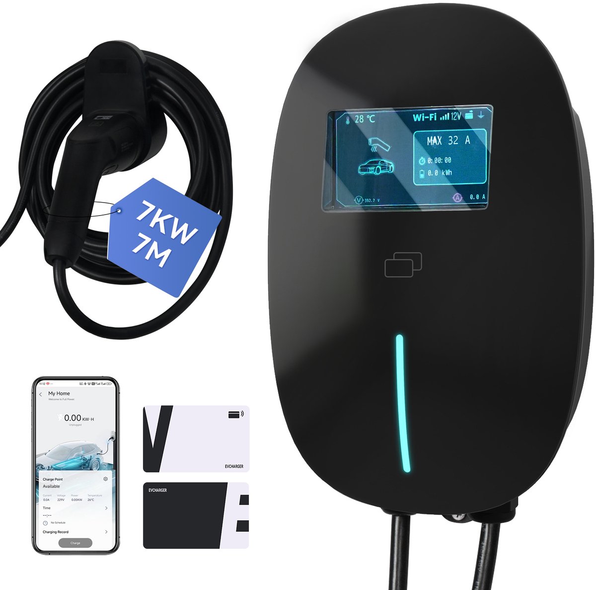 Puluomis - Wallbox EV Charger 7 kW - Smartcharge laadpaal met app - 7 meter kabel - Type 2 - 1-fase - 6–32A instelbaar - Zwart