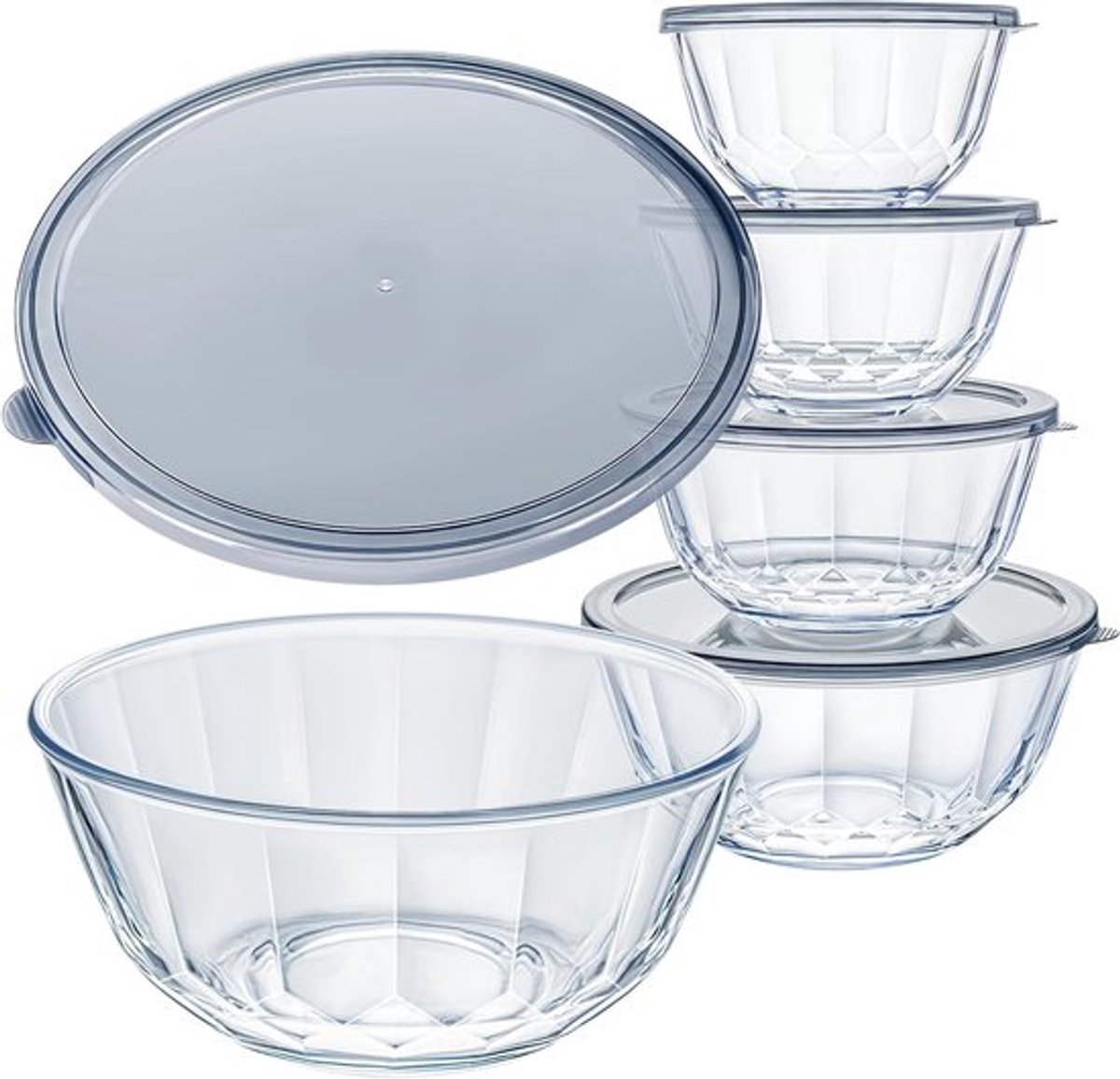 Set van 5 Hittebestendige Glas Schalen met Deksel, Stapelbare Mengkommen voor Salades, Magnetron- en Vaatwasserbestendig, Ideaal voor Keuken en Opbergen