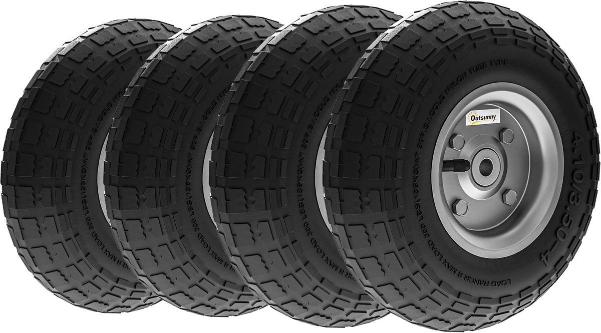Set van 4 reservewielen – rubberen wielen van 255 mm – binnendiameter 16 mm – geschikt voor tuinkarren, handkarren en bolderkarren