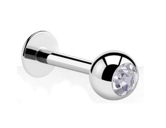 Titanium 12 mm Labret piercing 1,2 met 3mm bal met een wit steentje. RH-Jewelry