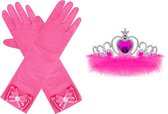 Het Betere Merk - Prinsessen Speelgoed- Roze - Fuchsia lange handschoenen voor bij je prinsessenjurk - Kroon pluche - voor bij je prinsessenjurk - prinsessen speelgoed voor bij je verkleedjurk