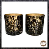 Hip-Wonen.nl - Cheetah waxinelichthouders - 2 x S: 9×9 cm (ØxH) - set van 2 - Panterprint Kaarshouders - Zwart & Goud