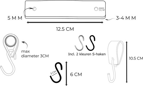 Technische tekening van een haak met afmetingen in cm en aanduiding van 2 kleuren s-haken.