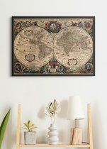 Poster In Zwarte Lijst - Historische Wereldkaart uit 1663 - Henricus Hondius - Geografie 50x70 cm