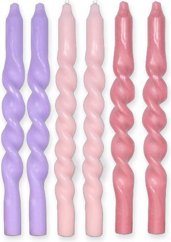 Twisted candle - Set van 6 kaarsen - Gedraaide kaarsen - 29 cm - Swirl kaarsen - Dinerkaarsen - Twisted candles - Twisted kaarsen - Gekleurde kaarsen - Draai kaarsen - Dinerkaarsen gedraaid - Oud roze - Roze - Lila