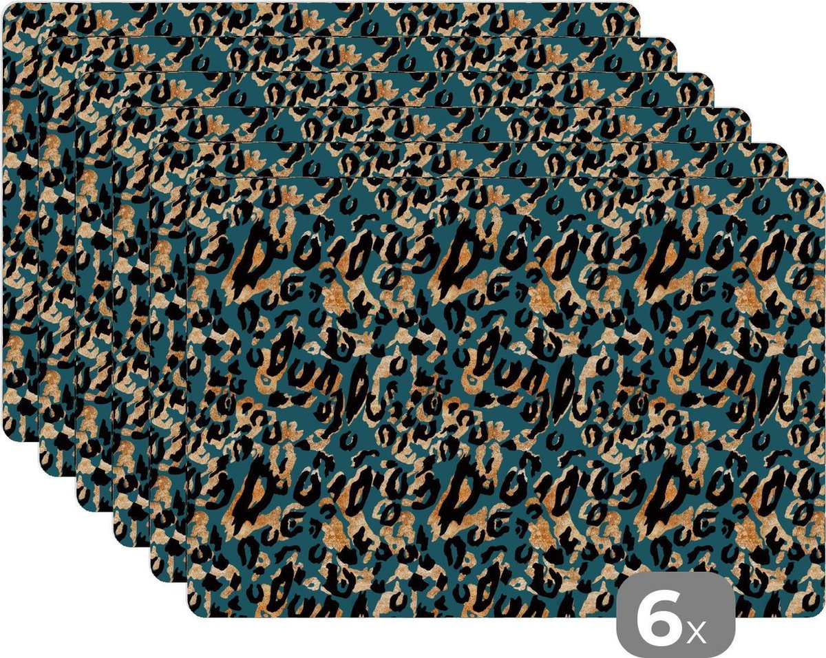 Placemat - Placemats kunststof - 45x30 cm - Tijgerprint - Dierenprint - Turquoise - 6 stuks - Borden onderleggers antislip - Tafel decoratie - Luxe tafelversiering - Tafelmat vinyl - Bord onderlegger - Tafeldecoratie accessoires