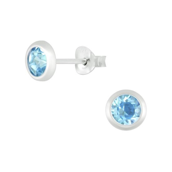 Joy|S - Zilveren ronde oorbellen - 5.5 mm - kristal aqua blauw - zilver rand
