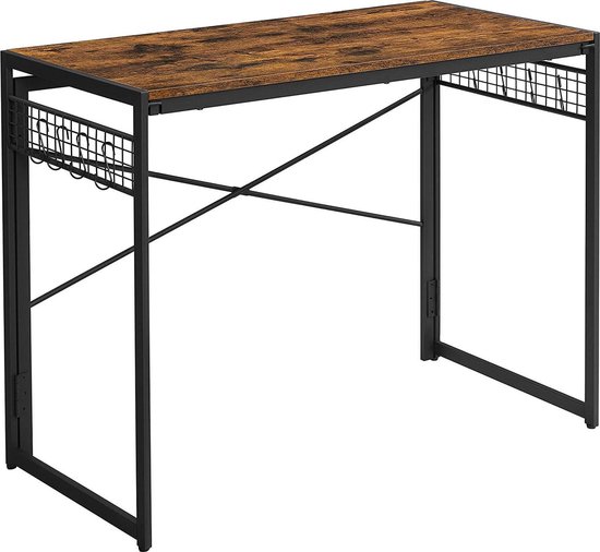 VASAGLE computertafel, opklapbaar bureau met 8 haken, werkstation, geen gereedschap nodig, industrieel design, voor thuiskantoor, laptop en pc, vintage bruin-zwart LWD42X