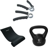 Tunturi - Fitness Set - Kettlebell 6 kg - Fitnessmat 160 x 60 x 0,7 cm - Knijphalters 2 stuks