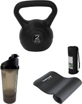 Tunturi - Fitness Set - Kettlebell 2 kg - Fitnessmat 180 x 60 x 1,5 cm - Shakebeker