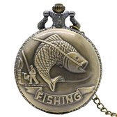 Fako® - Zakhorloge - Pocket Watch - XXL - Fishing - Ø 47mm - Bronskleurig