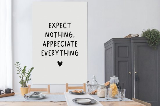 Tableau Peinture sur toile Citation anglaise N'attendez rien, appréciez tout avec un coeur sur fond blanc - 120x180 cm - Décoration murale XXL
