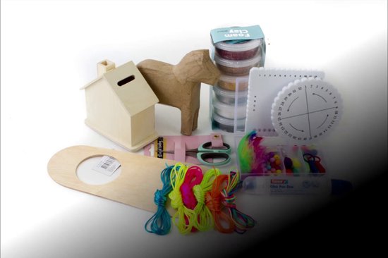 Creatief knutsel pakket paard spaarhuis satijnkoord neon kleuren luxe knutsel box foam clay papier-maché deurhanger hout origineel cadeau kumihimo armbandjes knopen veertje jongen meisje dieren sinterklaas kerst cadeau schoencadeau