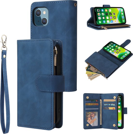 Étui portefeuille bleu en cuir avec dragonne et fermeture éclair.