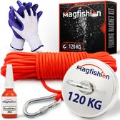 Magfishion Magneetvissen Set - 120 KG - Vismagneet - 20 Meter Lang Touw + Karabijnhaak met Schroefsluiting - Handschoenen - Borgmiddel - Magneetvissen Starterspakket - Magneet Viss