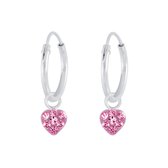 Joy|S - Zilveren hartje bedel oorbellen - oorringen met hartje - roze kristal