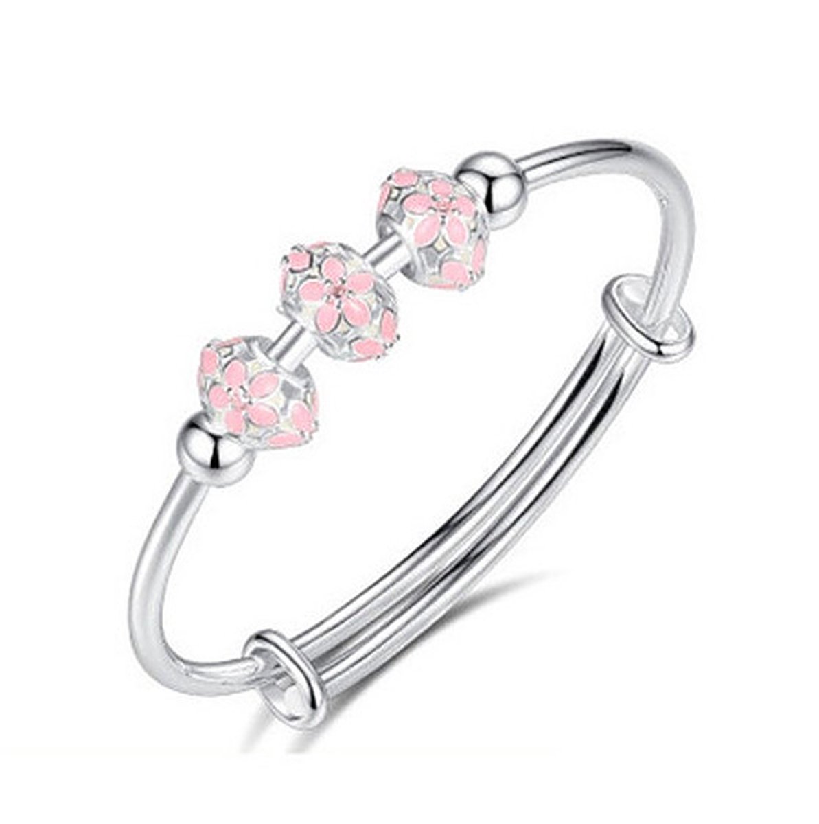 N3 Collecties 925 Sterling Zilveren Manchet Armband Bangle Roze Bloem Kralen Verstelbaar