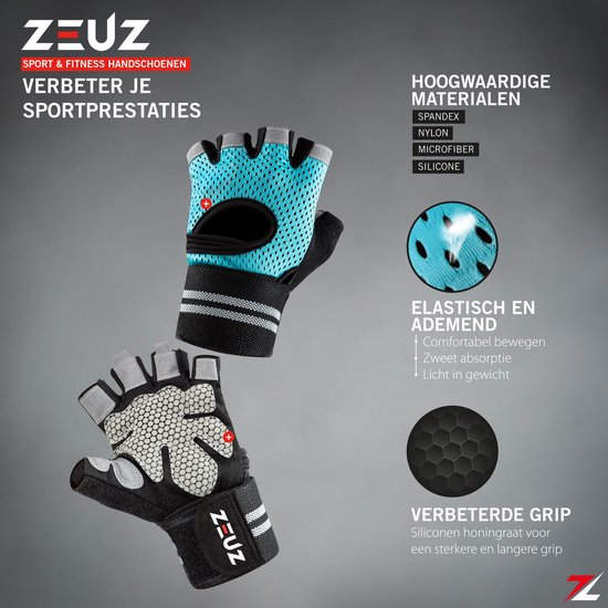 Zwart-blauwe en zwart-grijs ZEUZ sport- en fitnesshandschoenen met polsbanden en informatie over materialen.