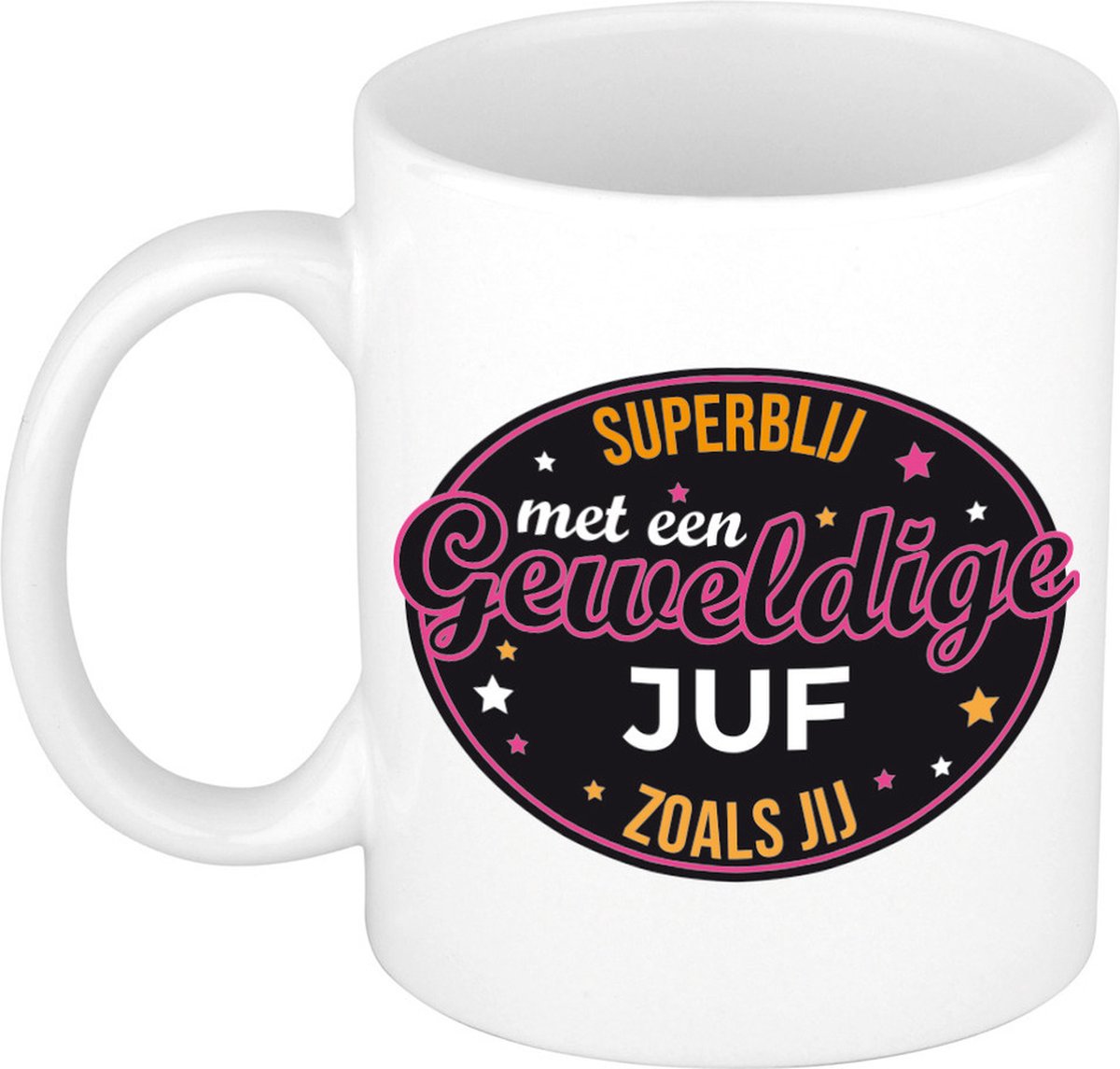Superblij met juf mok / beker wit - bedankt / verjaardag / einde schooljaar cadeau juffrouw