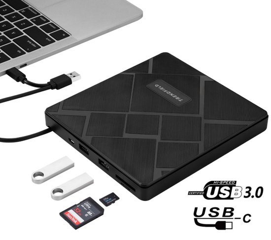 Trendfield 4-in-1 Externe DVD/CD Speler en Brander voor Laptop & Mac iOS - USB 3.0 & USB C Aansluiting - Plug & Play - SD & Micro SD Kaartsleuf + USB Hub met 2 Poorten