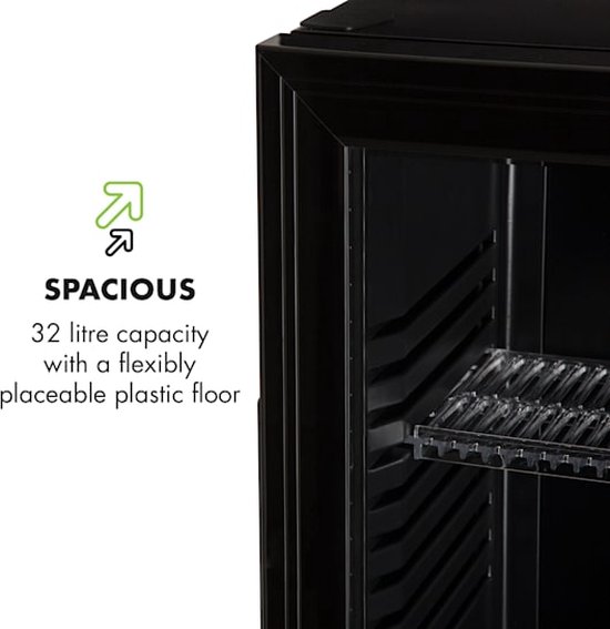 Klarstein Minibar Brooklyn 30 Mini Koelkast - Thermo-elektrisch koelsysteem - 30 liter inhoud - 3 standen koeling: tot 12 °C - Energie-efficiëntieklasse F - 23 dB - Flexibel kunststof plateau - LED licht - Panoramadeur van glas - Zwart van Klarstein — afbeelding 4
