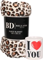 Valentijn cadeau set - Fleece plaid/deken luipaard print met I love you mok - Cadeau vrouw, vriendin, geliefde