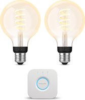 Philips Hue Starterspakket E27 White Ambiance - Filament Globe klein - 2 Hue LED Lampen en Bridge - Eenvoudige Installatie - Werkt met Alexa en Google Home