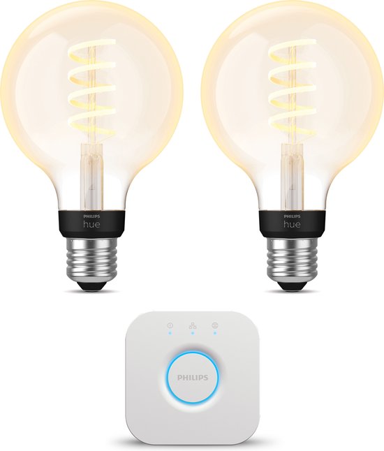 Philips Hue Starterspakket E27 White Ambiance - Filament Globe klein - 2 Hue LED Lampen en Bridge - Eenvoudige Installatie - Werkt met Alexa en Google Home