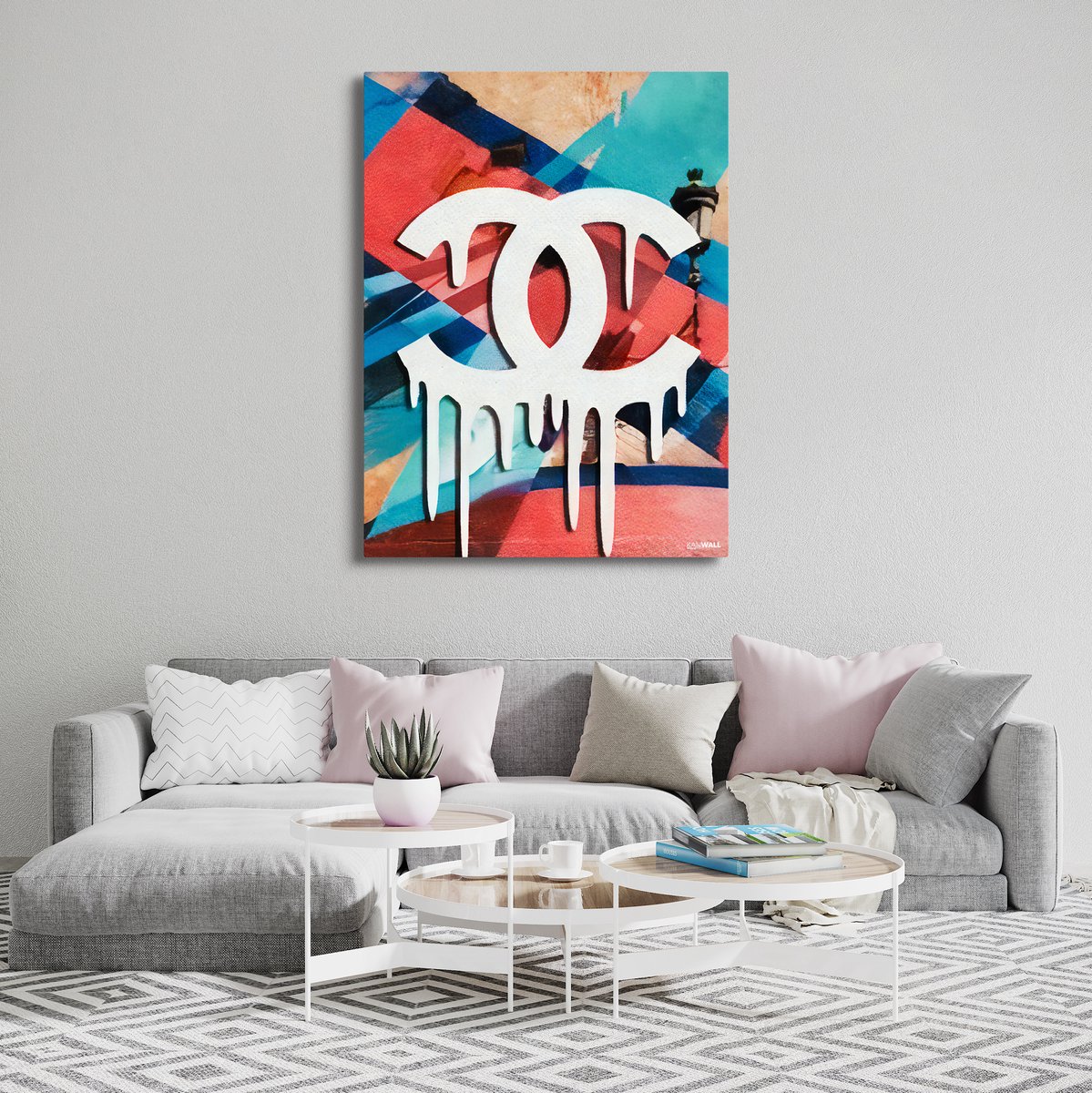 Kanwall - Schilderij - Luxe Chanel Woonkamer Slaapkamer Paint Design Art ** Dik! Effect** - Wit, Blauw En Roze - 100 X 75 Cm
