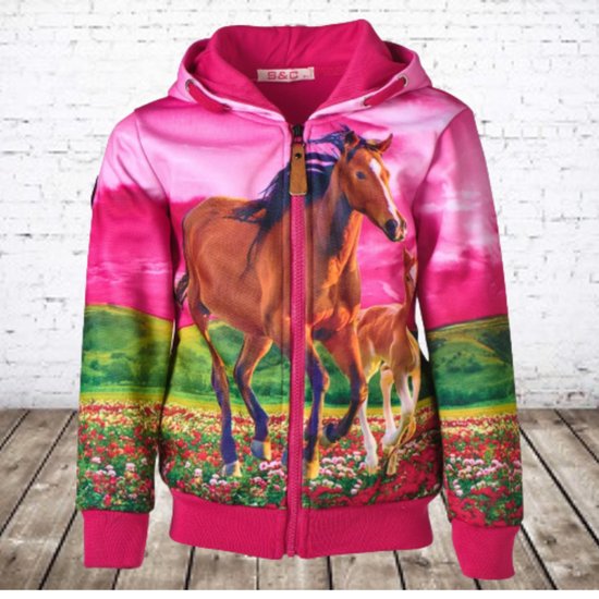 Hard roze vest met paarden print -s&C-98/104-Meisjes vest