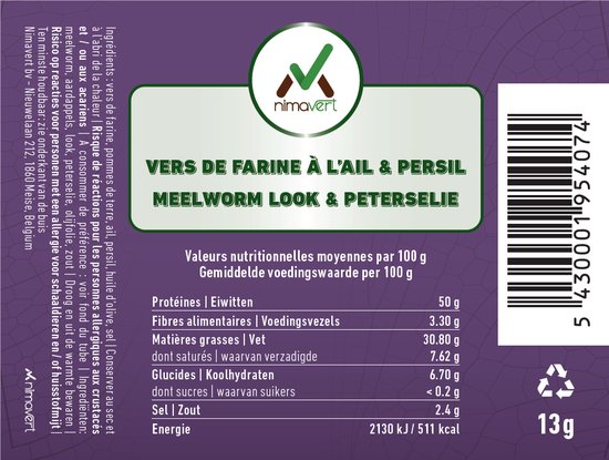 Label met Nimavert logo, ingrediënten: meelworm, look, peterselie. Voedingswaarde per 100g.