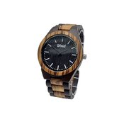Woed | Double Wood - Houten horloge heren - 44 mm - Quertz - Premium - Zebra hout - Bruin - Zwart