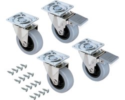 Emuca stevige zwenkwielen set van 4 – 50mm diameter – draagvermogen van 140KG - gebruiksvriendelijke transportwielen – rubberen meubelwielen – met voetrem – grijs