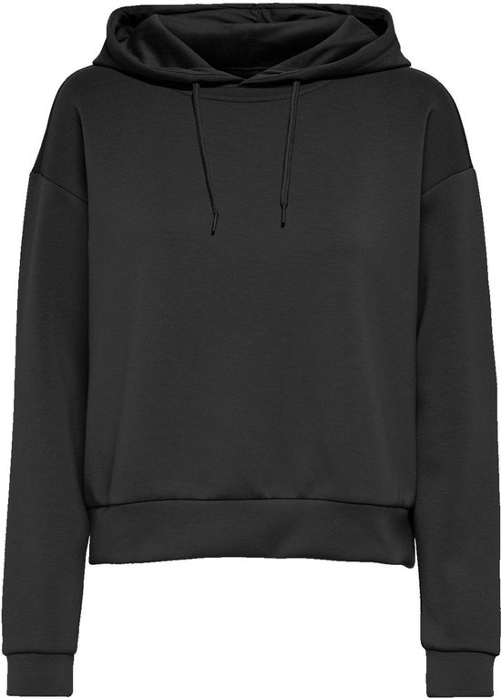 Zwarte cropped hoodie met capuchon en trekkoordjes.