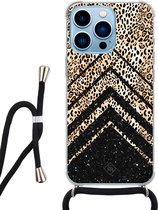 iPhone 13 Pro hoesje met koord - Chevron luipaard | Apple iPhone 13 Pro crossbody case | Zwart, Transparant | Luipaardprint