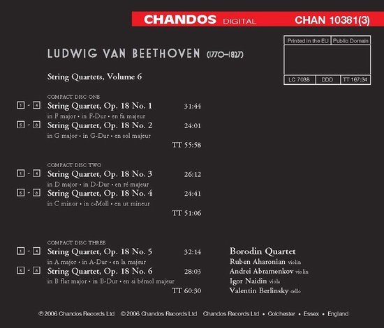 Zwarte achtergrond met witte en rode tekst. Informatie over de CD "Ludwig van Beethoven String Quartets, Volume 6".