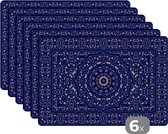 Placemat - Placemats kunststof - Perzisch Tapijt - Mandala - Blauw - 45x30 cm - 6 stuks - Hittebestendig - Anti-Slip - Onderlegger - Afneembaar