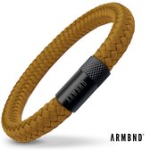 ARMBND® Heren armband - Okergeel Touw met Zwart Staal - Armand heren - Maat L/XL - 24 cm lang - The original - Touw armband