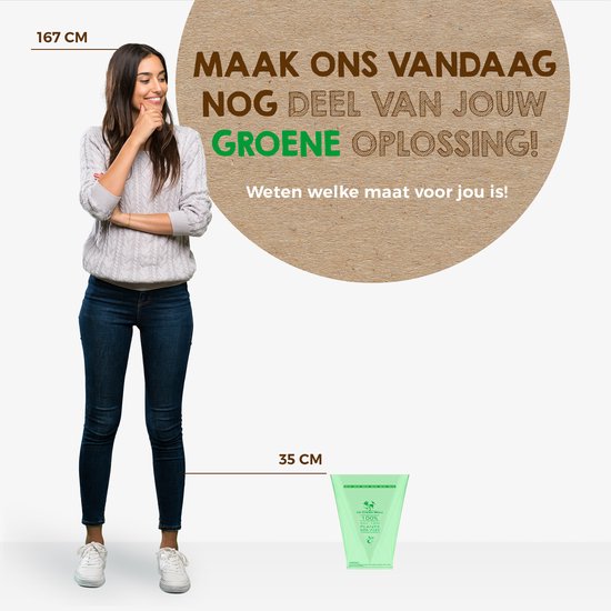 Vrouw van 167 cm staat naast een groene Mr. Green Mind afvalzak van 35 cm.