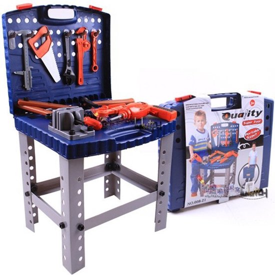 Ariko XL Werkbank voor kinderen – speelgoed – met werkende boormachine - in handige meeneem koffer - met accessoires - 67 delig - 70cm hoog - Inclusief 2 x AA batterijen - Ariko