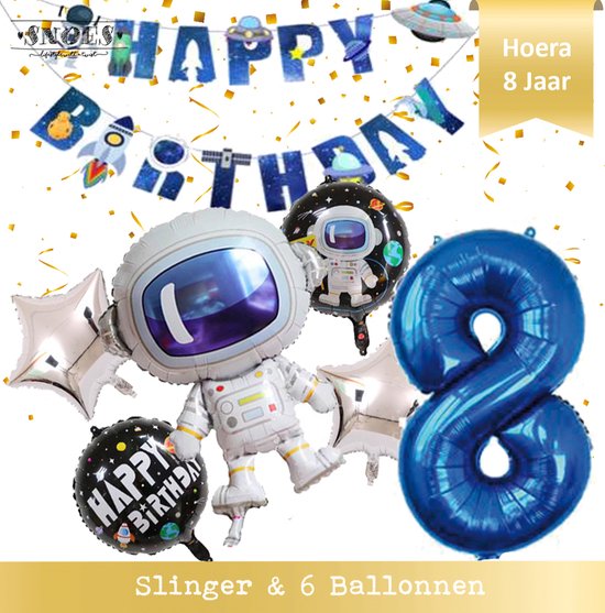Super Ballon Set van 7 inclusief Slinger Nummer 8 - 8 Jaar - Ruimte - Space - Raket - Astronaut - Slinger - Ballonnen - Galaxy - Happy Birthday Slinger + Balonnen en cijfer 8 Ruimtevaart - Space - Planeten - Versiering - Galaxy thema * Snoes