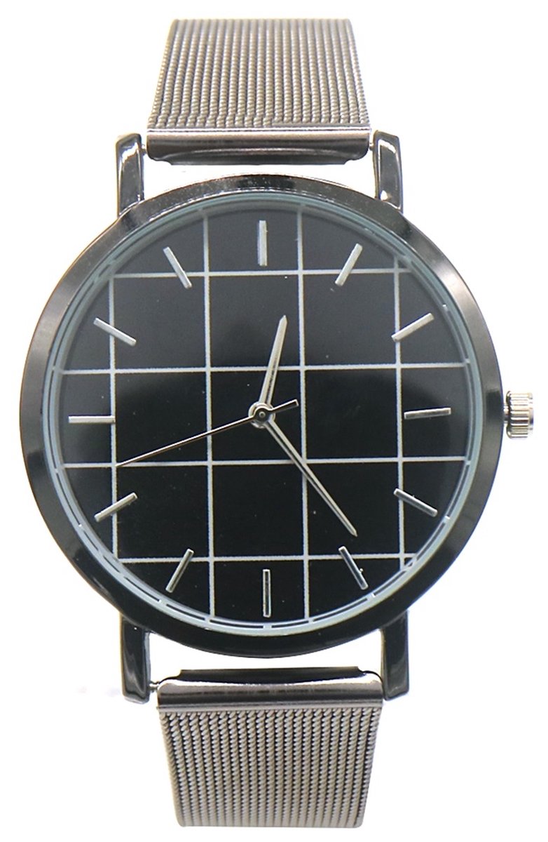 Horloge Mesh - Kast 37 mm - Metaal - Quartz - Zilverkleurig en Zwart Geruit