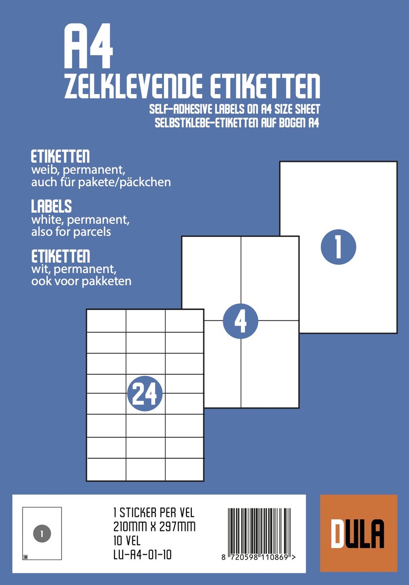 DULA Etiketten - Stickervellen A4 - 1 Sticker per vel - 210 x 297 mm - 10 vel — afbeelding 3