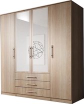 InspireMe- Kledingkast met spiegel, 4-deurs kledingkast met veel planken, drie lades en kledingroede, ruime kledingkast 200x210x64 RUTH 4D (Sonoma)