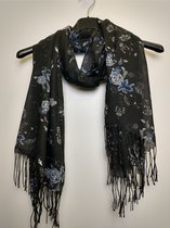 Lange dames sjaal Marijke bloemmotief zwart roze blauw wit