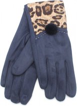 Handschoenen Panterprint en Pompon - Dames - One Size - Touchscreen Tip - Blauw