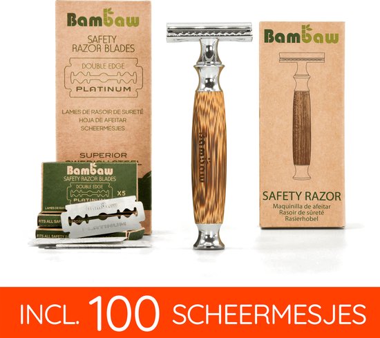 Bambaw Bamboe Scheermes Traditioneel pack met 100 Scheermesjes - mannen vrouwen - Safety Razor Mannen - Safety Razor voor vrouwen - Voor Double Edge Mesjes - Geschenkset - Klassiek Zilver
